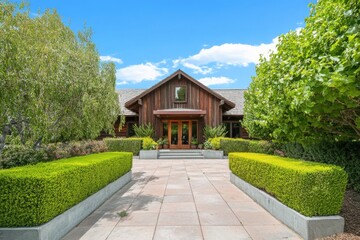 A contemporary wooden house is nestled amidst vibrant greenery and meticulously trimmed hedges, basking in the warm sunlight of a peaceful residential neighborhood