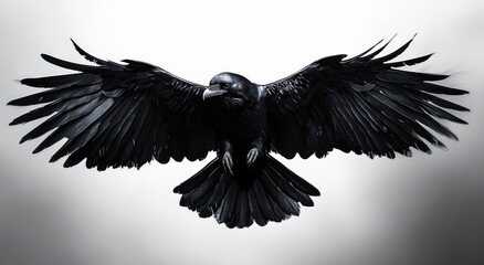 Obraz premium Raven Bird in Flight Monochromatic Illustration with Detailed Feathers on White Background