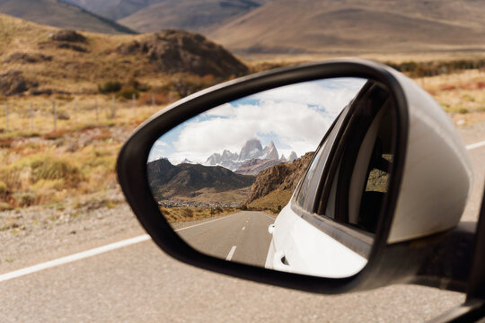 Fitz Roy Mountains In Car Mirror