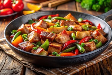 Delicious Sliced Pork Belly Stir-Fry in a Hot Wok - Asian Cuisine Food Photography