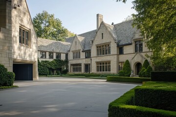 Fototapeta premium Experience the elegance of a luxurious stone mansion nestled amidst vibrant greenery, located in a peaceful neighborhood bathed in the warm glow of a bright afternoon