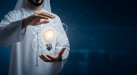 Arab Man Holding Glowing Light Bulb with Atom Graphic for Innovation