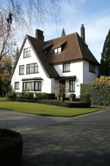 Nestled in a picturesque suburban neighborhood, this stunning house boasts timeless architecture and a meticulously maintained garden, all set beneath a brilliant blue sky.