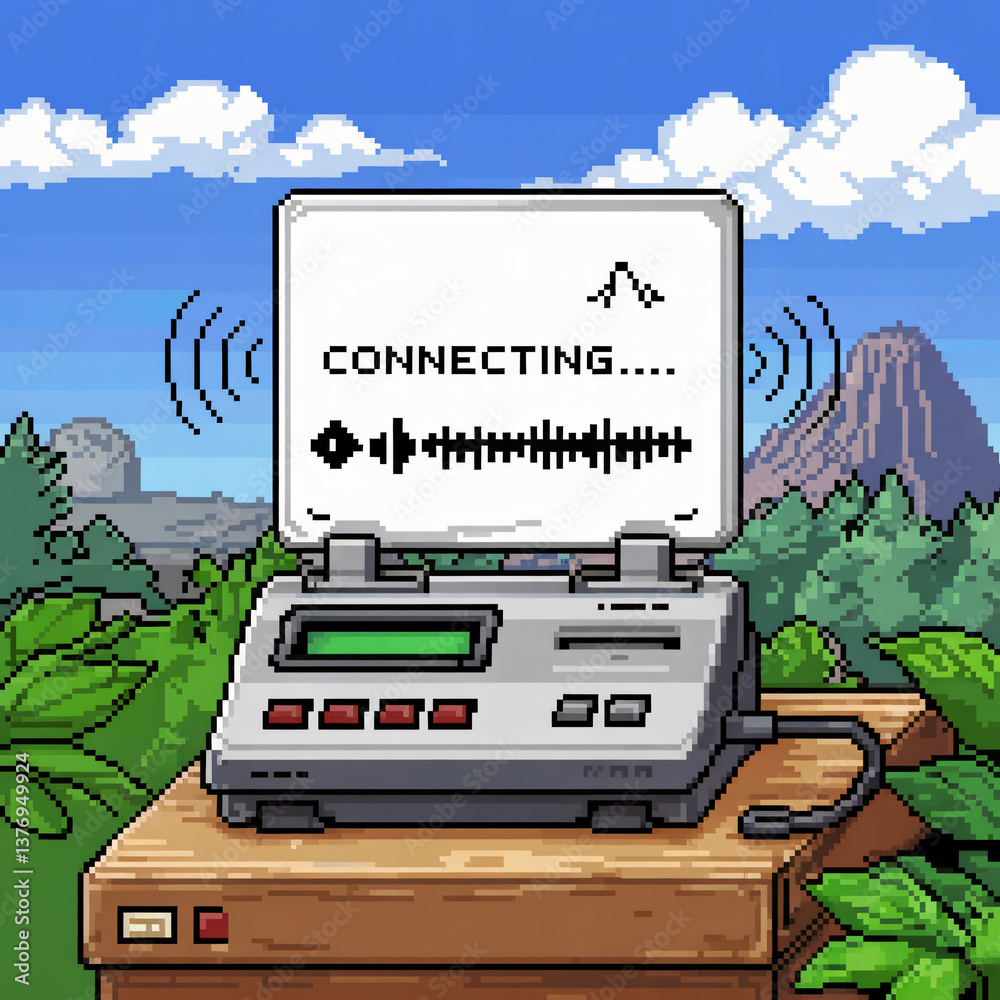Poster pixel art icon of a dial-up modem with 