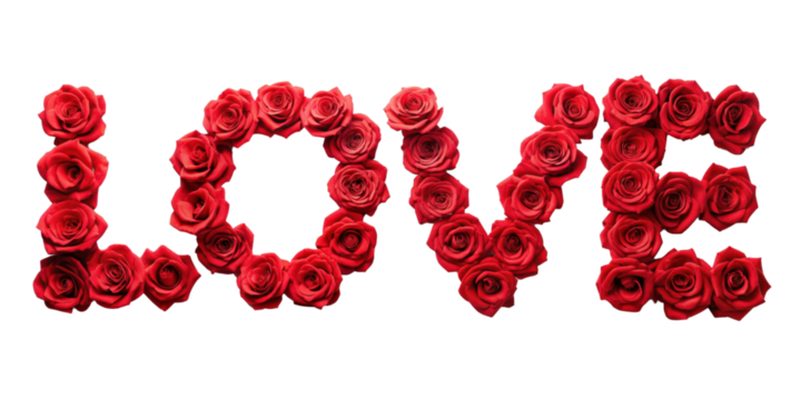 LOVE text made of red roses isolated on transparent background