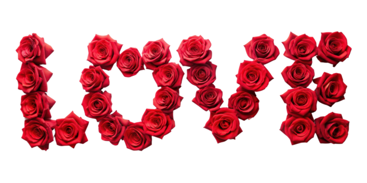 LOVE text made of red roses isolated on transparent background