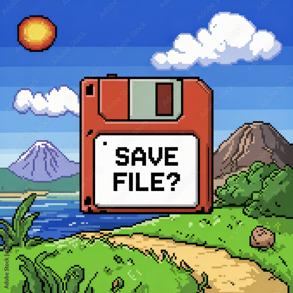 Fototapete pixel art icon of a floppy disk with the text 