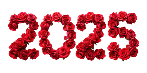 Year 2025 number made of red roses isolated on transparent background
