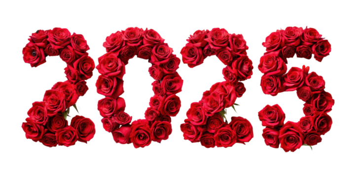 Year 2025 number made of red roses isolated on transparent background