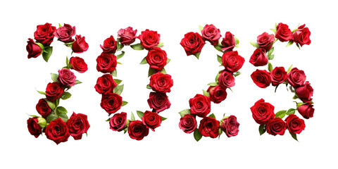 Year 2025 number made of red roses isolated on transparent background