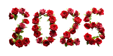Year 2025 number made of red roses isolated on transparent background
