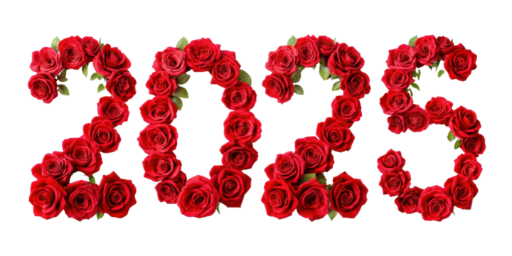 Year 2025 number made of red roses isolated on transparent background