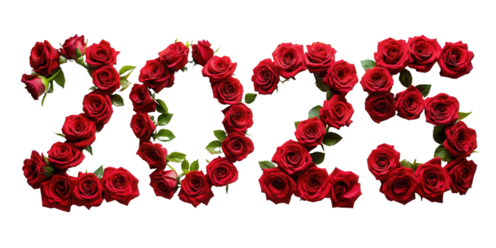 Year 2025 number made of red roses isolated on transparent background