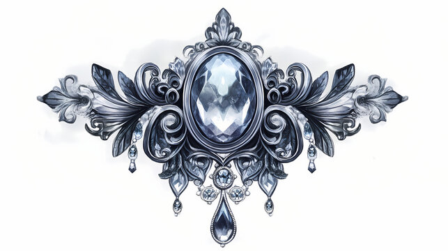 Elegant vintage jewelry brooch with sparkling crystals, isolated on white background. Timeless Runestone. Illustration