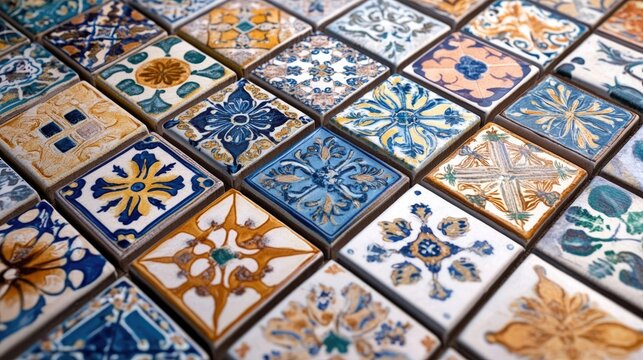 A collection of vibrant ceramic tiles arranged artfully, showcasing intricate patterns and colors