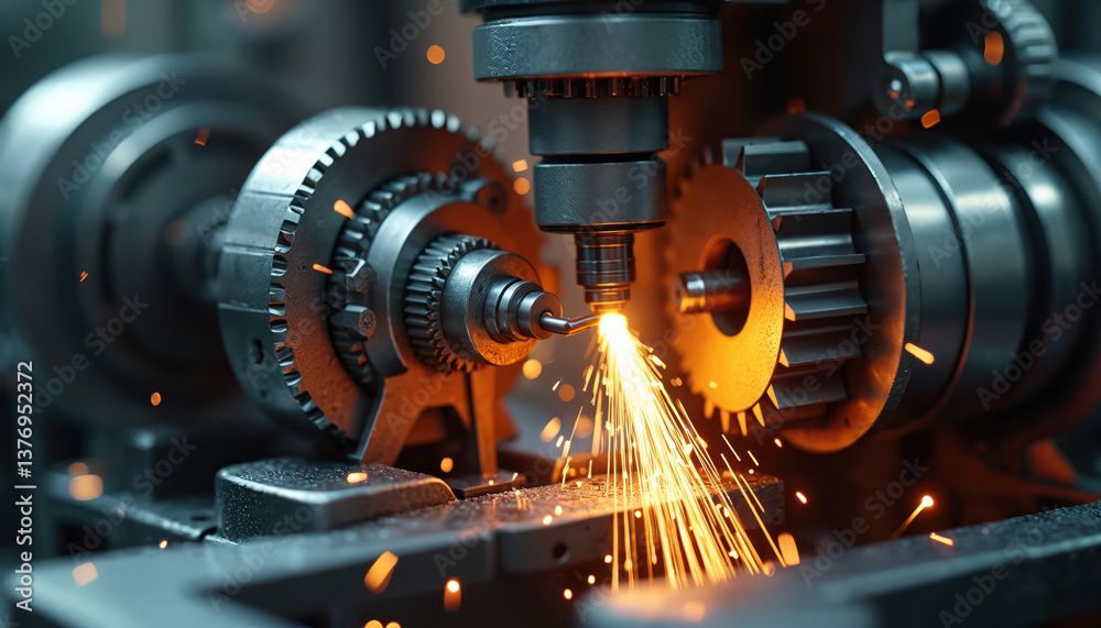 Leinwandbilder Close-up precision machinery setup gears. Sparks, metal components. Engineering manufacturing process with dynamic action, industrial tech. Automation of production, factory tool for mechanic job,