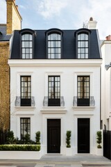 Obraz premium Elegant white townhouse with black accents in a quiet urban neighborhood, showcasing modern architecture and stylish design elements