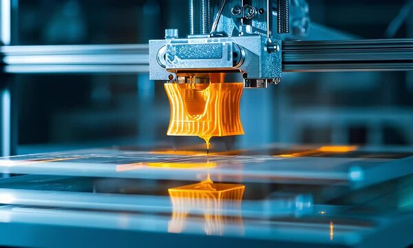 3D printer constructing an orange object on a flat surface