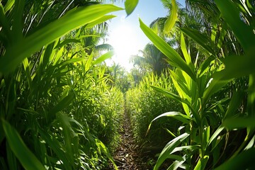 A lush green cornfield with vibrant foliage, illuminated by sunlight, creating a serene and tranquil atmosphere.