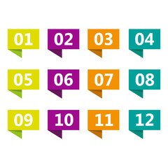 Vibrant numbered labels from 01 to 12. These bold shapes enhance data organization. Ideal for modern layouts vector illustration