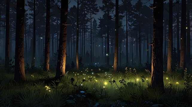 the nighttime pine forest is full of fireflies