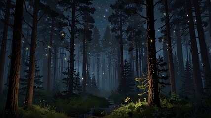 Obraz premium the nighttime pine forest is full of fireflies