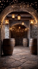 A dimly lit stone corridor features wooden barrels and hanging lanterns, creating a rustic and atmospheric ambiance.