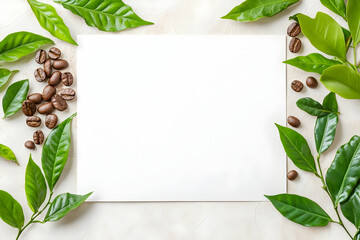 Naklejka premium Blank paper surrounded by coffee beans and leaves AI generative