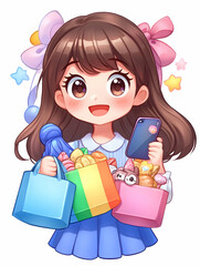 Cheerful girl with shopping bags and phone, holding sweets and gifts AI generative