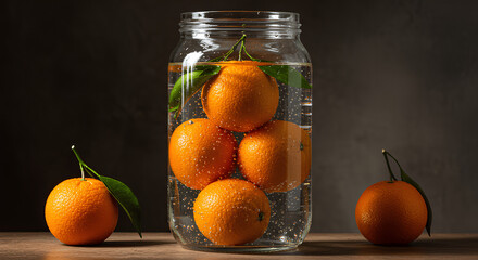 Fresh Oranges in a Glass Jar, a Still Life Composition
