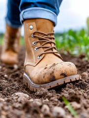 Close-up of tan work boots walking on muddy ground AI generative