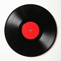 Red vinyl record isolated on white. Retro music disc. Black lp disc with red label. Vintage audio sound. Vinyl record concept. Classic music album, turntable, musical entertainment.