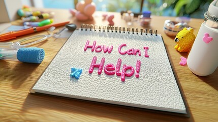 Colorful note saying 'How Can I Help!' surrounded by art supplies, creating a cheerful and inviting workspace.