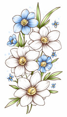 Delicate bouquet of white and blue flowers with green leaves AI generative