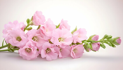 Delicate cluster of light pink flowers, stems, and buds arranged on a soft white background AI generative