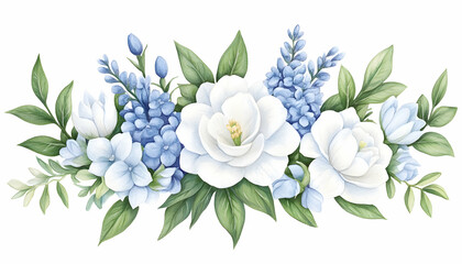 Delicate watercolor floral arrangement featuring white blossoms and blue accents AI generative