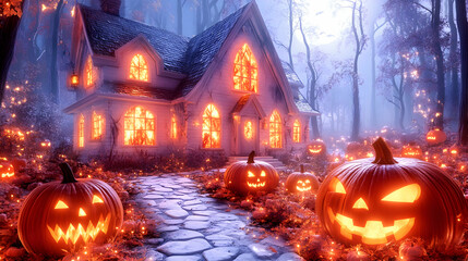 Enchanting Halloween house, glowing windows, jack-o'-lanterns illuminate pathway AI generative