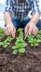 Farmer tending to young plants in a neat row, carefully inspecting and weeding AI generative