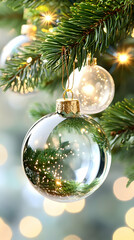 Festive clear glass ornaments hanging on a decorated Christmas tree branch with warm lights AI generative
