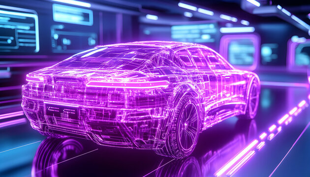 Futuristic purple wireframe car in a digital environment AI generative