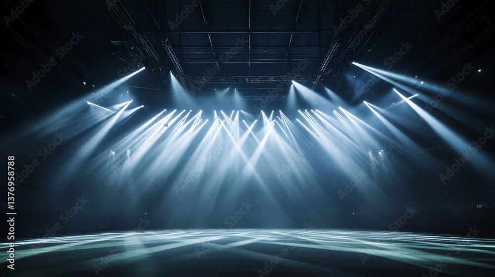 Poster empty stage with bright spotlights illuminating a dark arena.