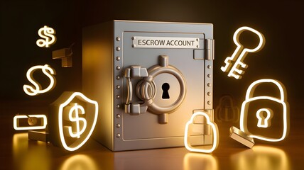 Secured Escrow: A metal safe with a lock and key, surrounded by financial symbols, representing secure financial transactions.