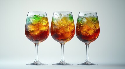 Three wine glasses filled with amber liquid and ice, layered with a green hue