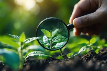 Hand holding magnifying glass examining a young plant seedling in soil.
