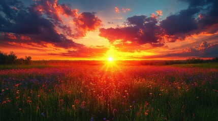 Fototapeta premium Vibrant sunset over a blooming wildflower meadow