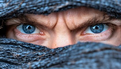 Intense blue eyes peering from beneath a dark, textured fabric covering the face AI generative