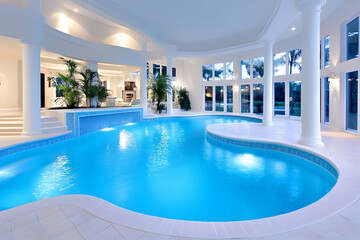 Fototapeta premium Luxurious indoor pool with curved design, white columns, and ample natural light AI generative