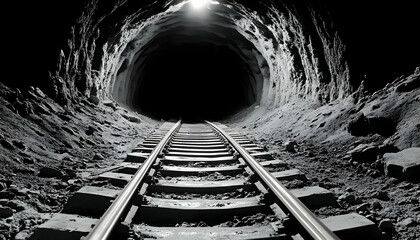 Monochrome railway disappearing into a dark tunnel AI generative