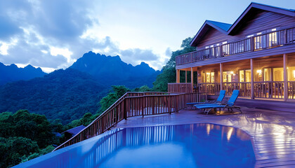 Obraz premium Mountaintop luxury villa with infinity pool and stunning sunset view AI generative