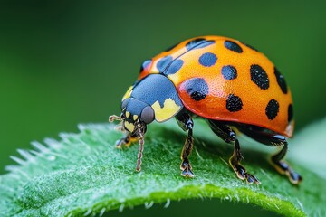 Fototapeta premium Brightly colored ladybug on a green leaf